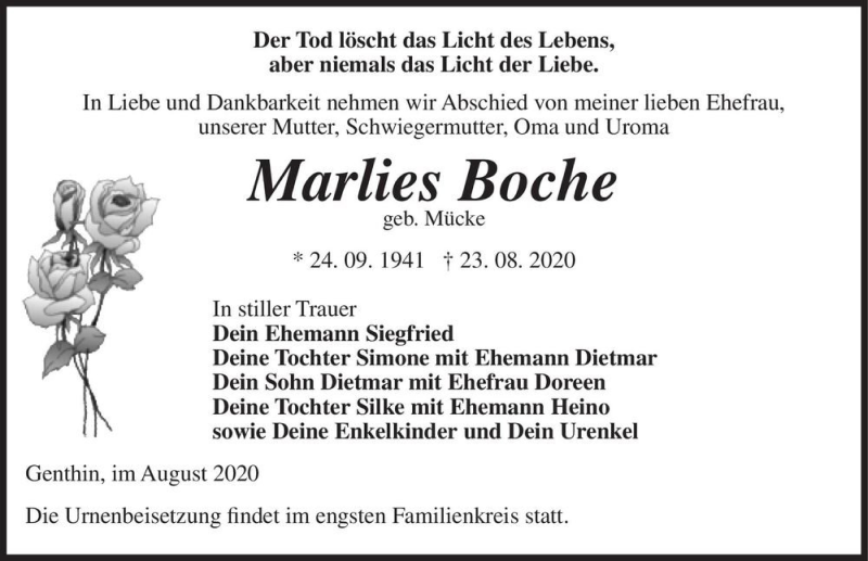  Traueranzeige für Marlies Boche (geb. Mücke)  vom 29.08.2020 aus Magdeburger Volksstimme
