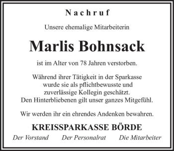 Traueranzeige von Marlies Bohnsack  von Magdeburger Volksstimme