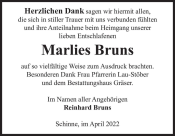 Traueranzeige von Marlies Bruns  von Magdeburger Volksstimme