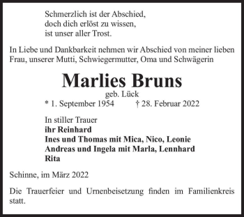 Traueranzeige von Marlies Bruns (geb. Lück)  von Magdeburger Volksstimme