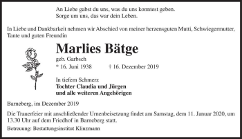 Traueranzeige von Marlies Bätge (geb. Garbsch)  von Magdeburger Volksstimme