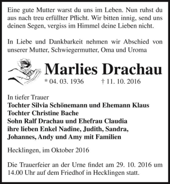 Traueranzeige von Marlies Drachau  von Magdeburger Volksstimme