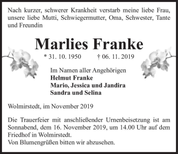 Traueranzeige von Marlies Franke  von Magdeburger Volksstimme