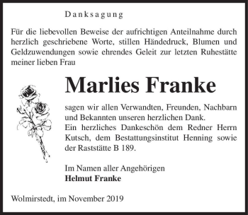 Traueranzeige von Marlies Franke  von Magdeburger Volksstimme
