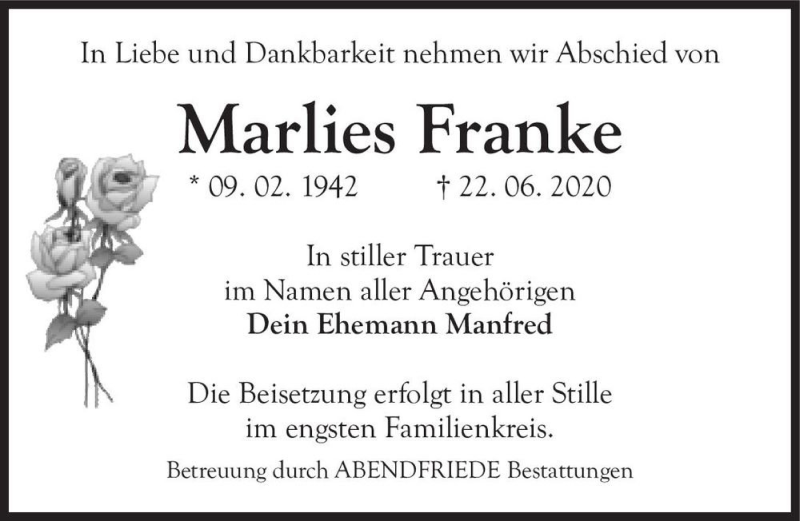  Traueranzeige für Marlies Franke  vom 27.06.2020 aus Magdeburger Volksstimme