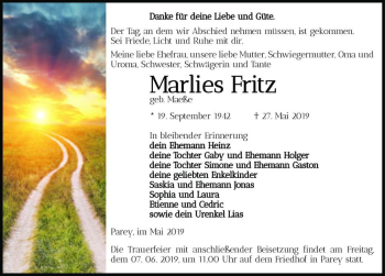Traueranzeige von Marlies Fritz (geb. Maeße)  von Magdeburger Volksstimme