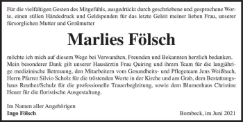 Traueranzeige von Marlies Fölsch  von Magdeburger Volksstimme