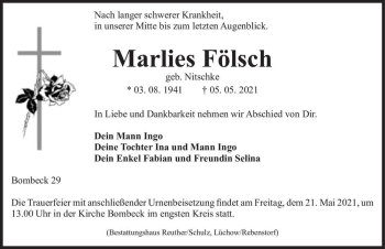 Traueranzeige von Marlies Fölsch (geb. Nitschke)  von Magdeburger Volksstimme