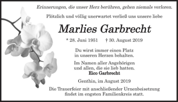 Traueranzeige von Marlies Garbrecht  von Magdeburger Volksstimme