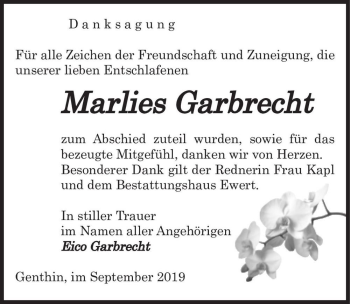 Traueranzeige von Marlies Garbrecht  von Magdeburger Volksstimme