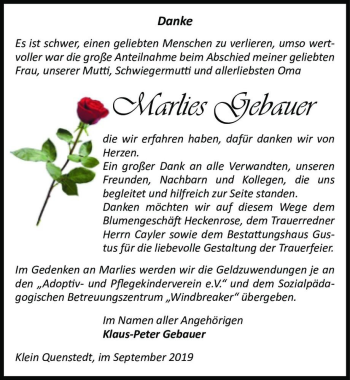 Traueranzeige von Marlies Gebauer  von Magdeburger Volksstimme