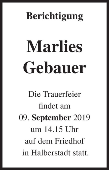 Traueranzeige von Marlies Gebauer  von Magdeburger Volksstimme