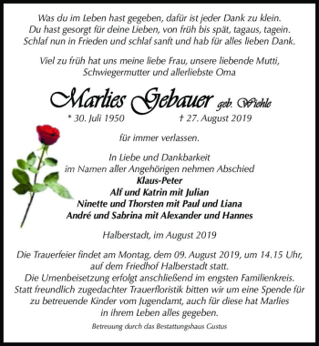 Traueranzeige von Marlies Gebauer (geb. Wiehle)  von Magdeburger Volksstimme