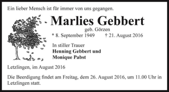 Traueranzeige von Marlies Gebbert (geb. Görzen)  von Magdeburger Volksstimme
