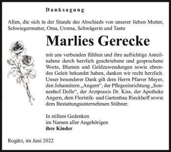 Traueranzeige von Marlies Gerecke  von Magdeburger Volksstimme