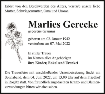 Traueranzeige von Marlies Gerecke (geb. Gramms)  von Magdeburger Volksstimme
