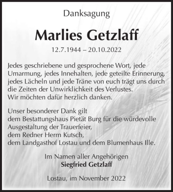 Traueranzeige von Marlies Getzlaff  von Magdeburger Volksstimme