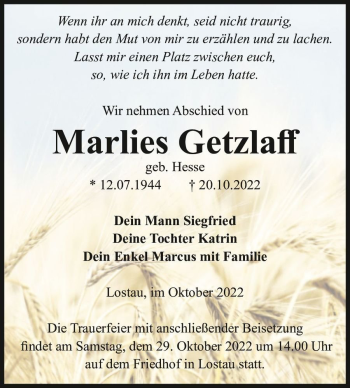Traueranzeige von Marlies Getzlaff (geb. Hesse)  von Magdeburger Volksstimme