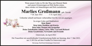 Traueranzeige von Marlies Großmann (geb. Nowak)  von Magdeburger Volksstimme