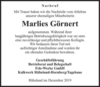 Traueranzeige von Marlies Görnert  von Magdeburger Volksstimme