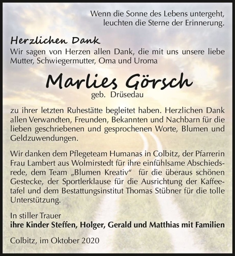  Traueranzeige für Marlies Görsch (geb. Drüsedau)  vom 17.10.2020 aus Magdeburger Volksstimme