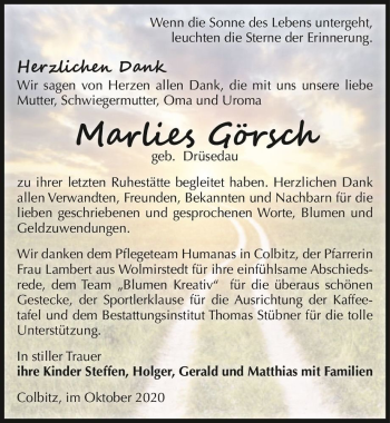 Traueranzeige von Marlies Görsch (geb. Drüsedau)  von Magdeburger Volksstimme