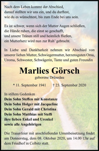 Traueranzeige von Marlies Görsch (geb. Drüsedau)  von Magdeburger Volksstimme