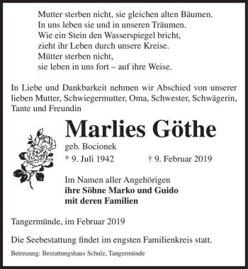 Traueranzeige von Marlies Göthe (geb. Bocione)  von Magdeburger Volksstimme