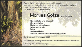 Traueranzeige von Marlies Götze (geb. Schurig)  von Magdeburger Volksstimme