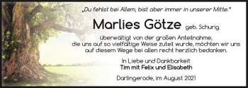 Traueranzeige von Marlies Götze (geb. Schurig)  von Magdeburger Volksstimme