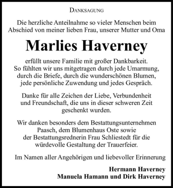 Traueranzeige von Marlies Haverney  von Magdeburger Volksstimme