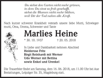 Traueranzeige von Marlies Heine  von Magdeburger Volksstimme