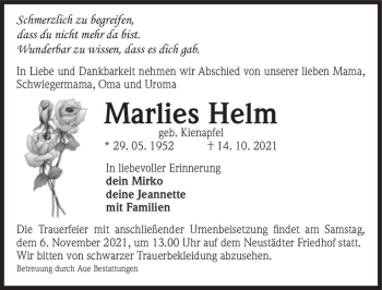 Traueranzeige von Marlies Helm (geb. Kienapfel)  von Magdeburger Volksstimme