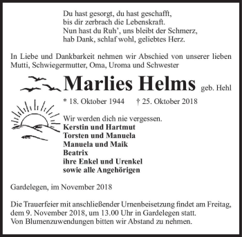 Traueranzeige von Marlies Helms (geb. Hehl)  von Magdeburger Volksstimme