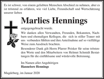 Traueranzeige von Marlies Hennings  von Magdeburger Volksstimme