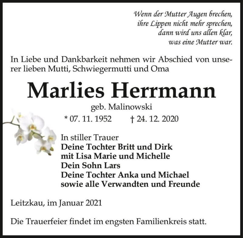  Traueranzeige für Marlies Herrmann (geb. Malinowski)  vom 09.01.2021 aus Magdeburger Volksstimme