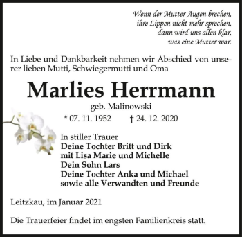 Traueranzeige von Marlies Herrmann (geb. Malinowski)  von Magdeburger Volksstimme