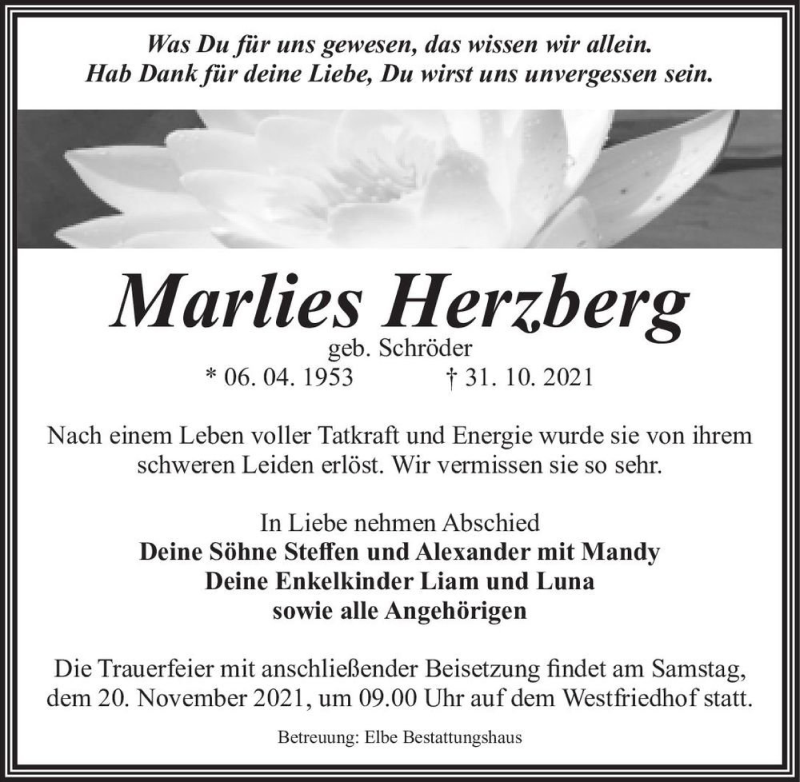  Traueranzeige für Marlies Herzberg (geb. Schröder)  vom 13.11.2021 aus Magdeburger Volksstimme