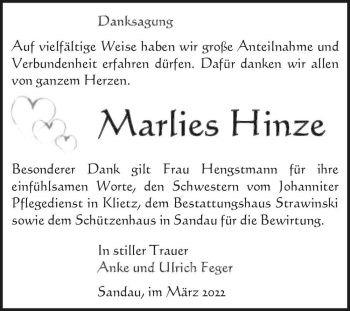 Traueranzeige von Marlies Hinze  von Magdeburger Volksstimme