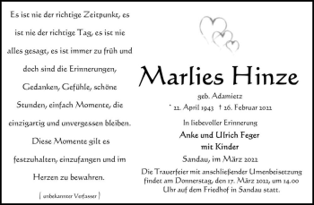 Traueranzeige von Marlies Hinze (geb. Adamietz)  von Magdeburger Volksstimme