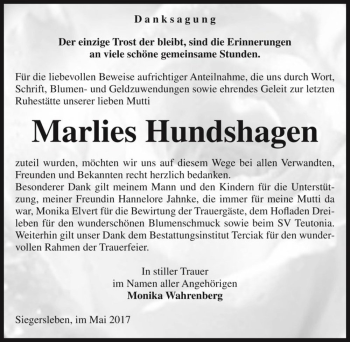Traueranzeige von Marlies Hundshagen  von Magdeburger Volksstimme