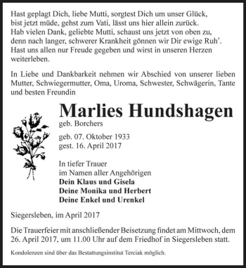 Traueranzeige von Marlies Hundshagen (geb. Borchers)  von Magdeburger Volksstimme
