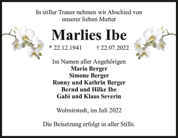 Traueranzeige von Marlies Ibe  von Magdeburger Volksstimme