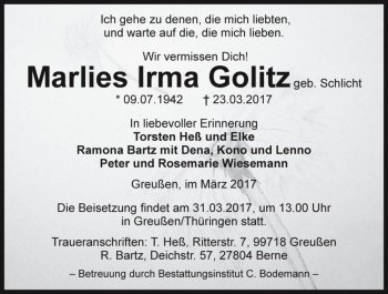 Traueranzeige von Marlies Irma Golitz (geb. Schlicht)  von Magdeburger Volksstimme