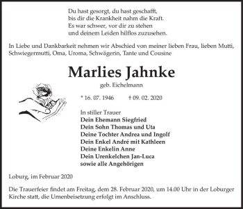 Traueranzeige von Marlies Jahnke (geb. Eichelmann)  von Magdeburger Volksstimme