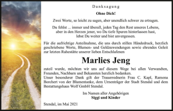 Traueranzeige von Marlies Jeng  von Magdeburger Volksstimme
