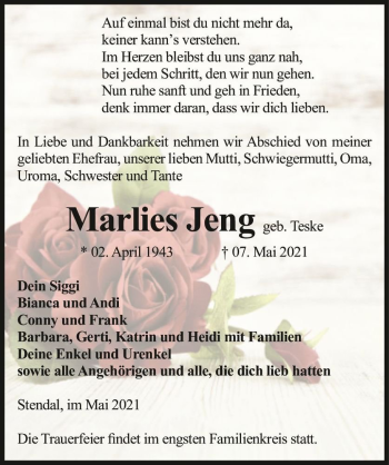 Traueranzeige von Marlies Jeng (geb. Teske)  von Magdeburger Volksstimme