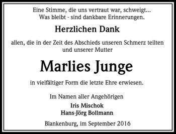 Traueranzeige von Marlies Junge  von Magdeburger Volksstimme