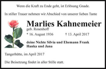 Traueranzeige von Marlies Kahnemeier (geb. Rosenhoff)  von Magdeburger Volksstimme