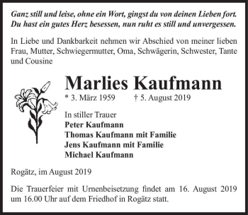 Traueranzeige von Marlies Kaufmann  von Magdeburger Volksstimme